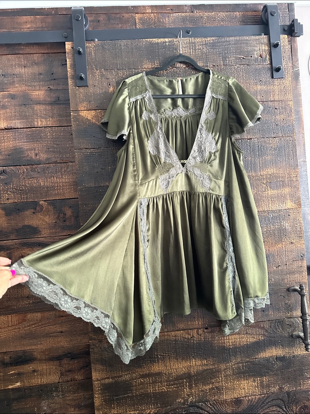 Free People Olive Green Satin Lace Trim Chemise - Picture 3 of 3